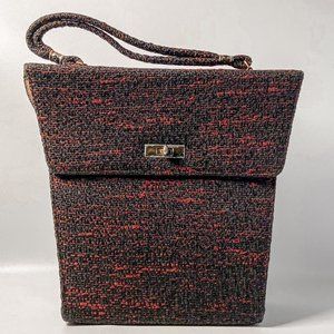 1960s Vintage Black Red Tweed Weave Medium Size Handbag Purse